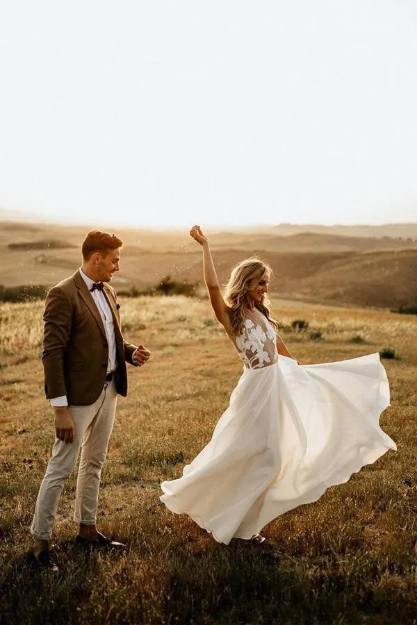 A-line See Through Floor Length Beach Wedding Dresses Rustic Bridal Gown TN248