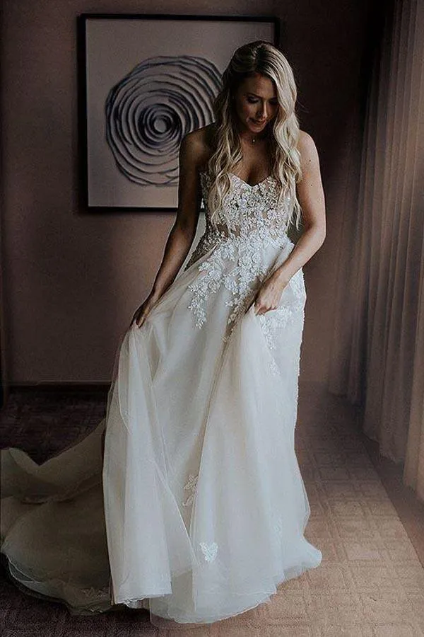 A-Line Sweetheart Sweep Train Wedding Dress with Appliques Beading WD393