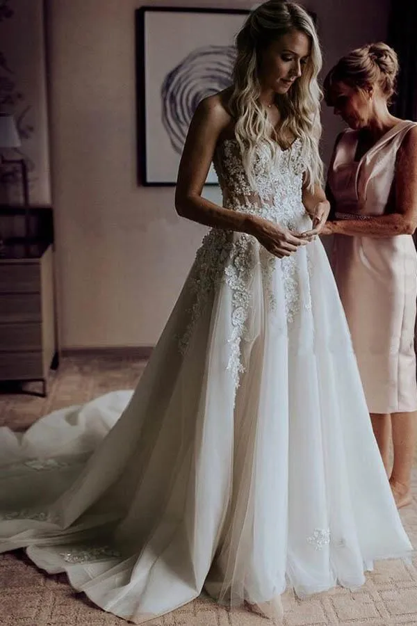 A-Line Sweetheart Sweep Train Wedding Dress with Appliques Beading WD393