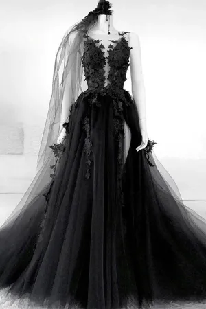 A-line V Neck Black Floral Long Prom Dresses Split Evening Dress TP1084