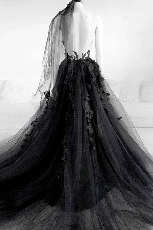 A-line V Neck Black Floral Long Prom Dresses Split Evening Dress TP1084