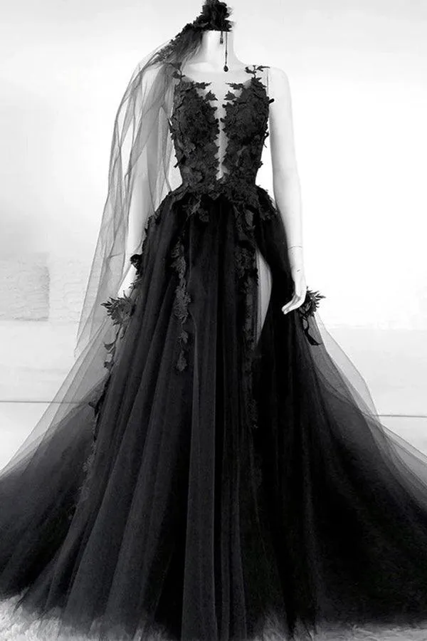 A-line V Neck Black Floral Long Prom Dresses Split Evening Dress TP1084