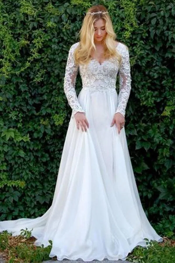 A-Line V-Neck Long Sleeves Wedding Dress with Lace Appliques TN149
