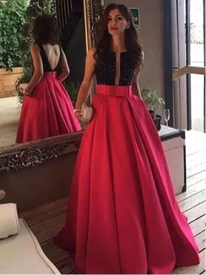 Backless Red And Black Long Prom Dresses Evening Dress