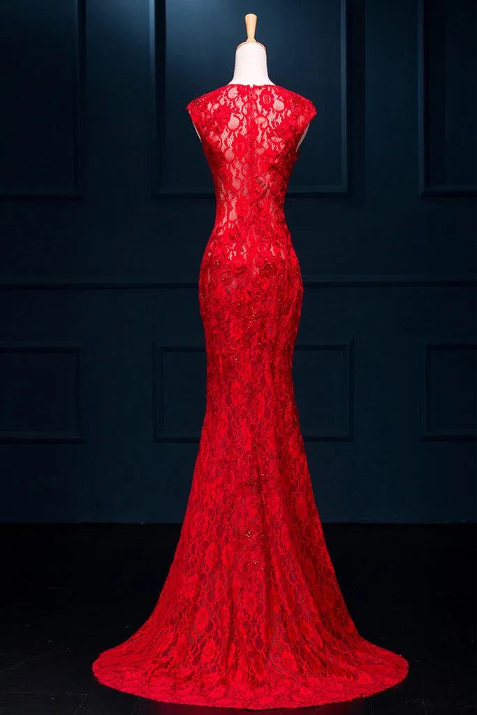 Beautiful Red Lace Mermaid Slit Evening Gowns, Red Formal Gowns, Red Party Dress