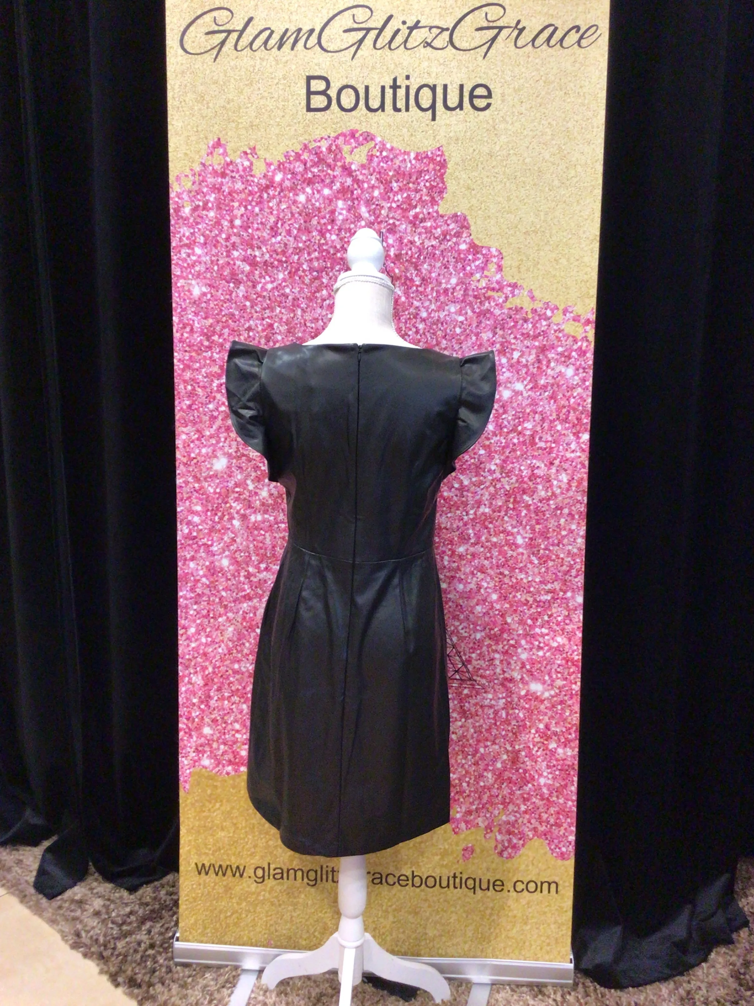 Black Faux Leather Ruffle Arm Side Buckle Dress
