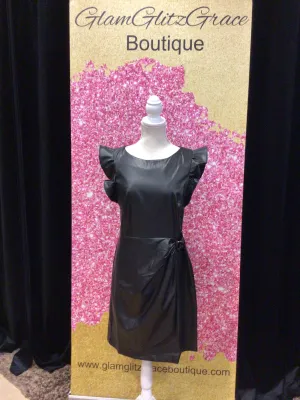 Black Faux Leather Ruffle Arm Side Buckle Dress