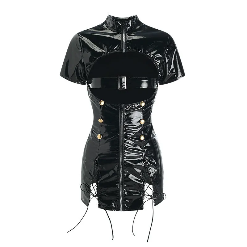 Black Patent Leather Bodysuit  KF70249