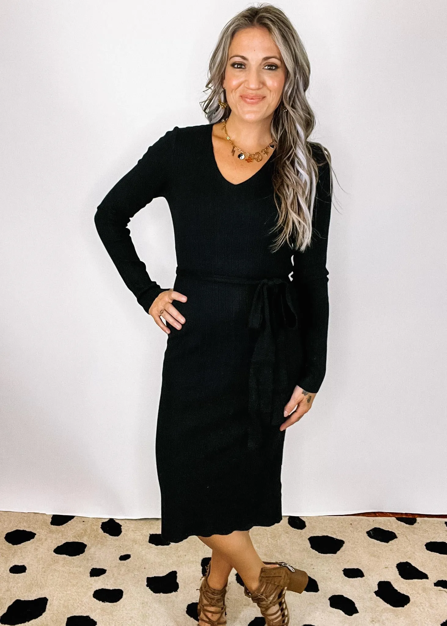 Black Sweater Dress with Tie Waist