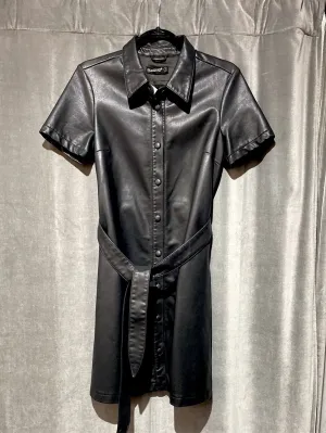 Blank NYC Black Faux Leather Collared Button Down Dress