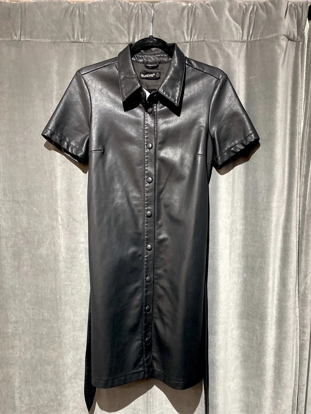 Blank NYC Black Faux Leather Collared Button Down Dress