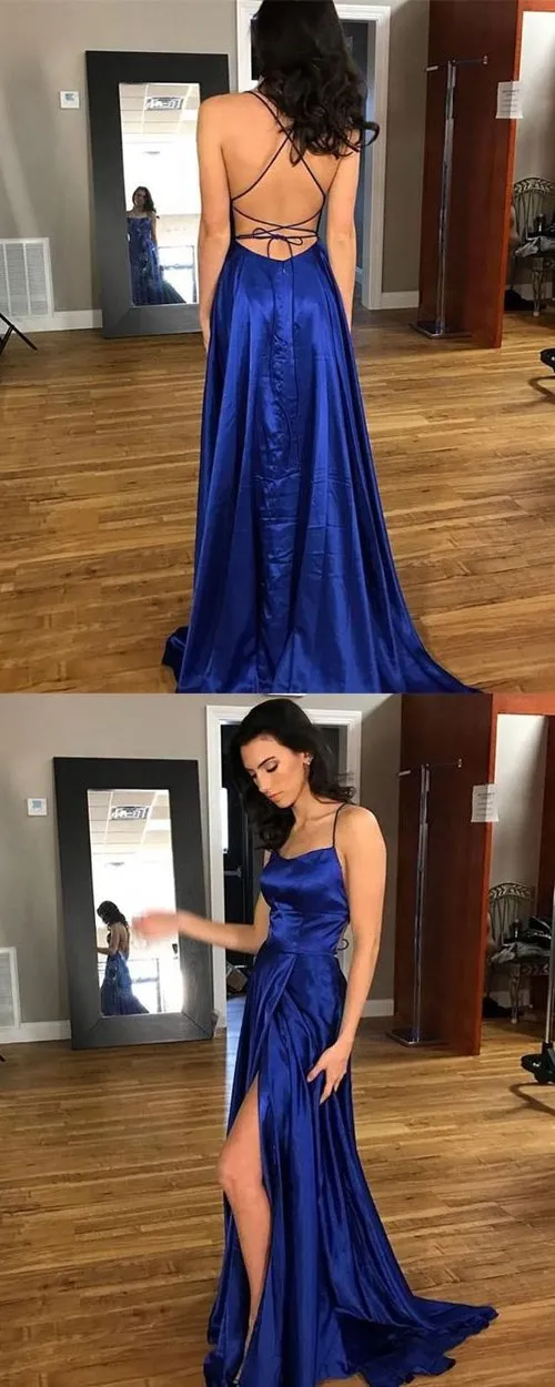 Blue A-Line Backless Satin Split Long Prom Dress with Sweep Train, Evening Dress, MP143