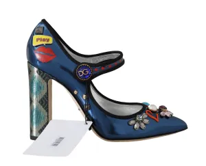 Blue Leather Crystal Mary Jane Pumps