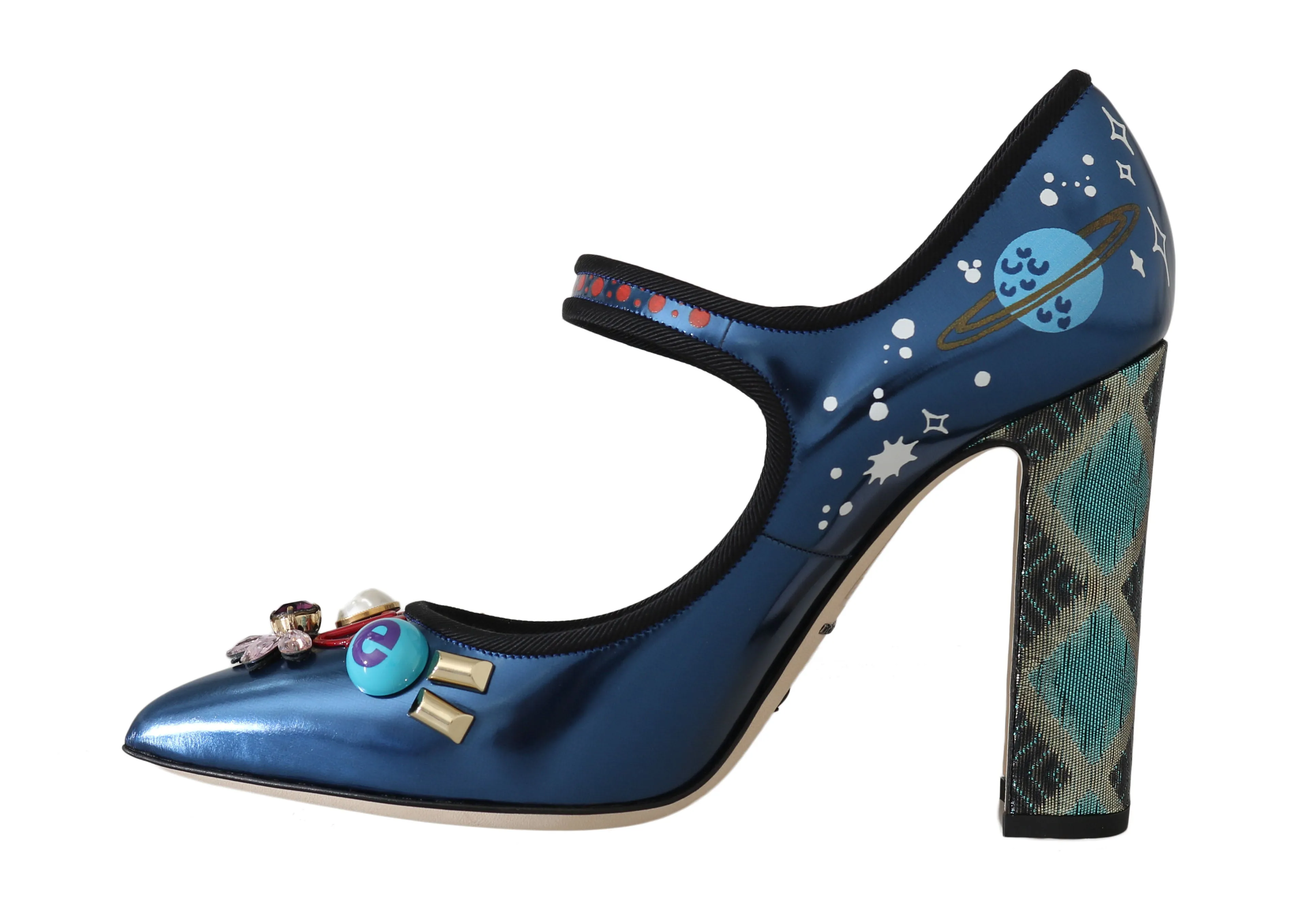 Blue Leather Crystal Mary Jane Pumps