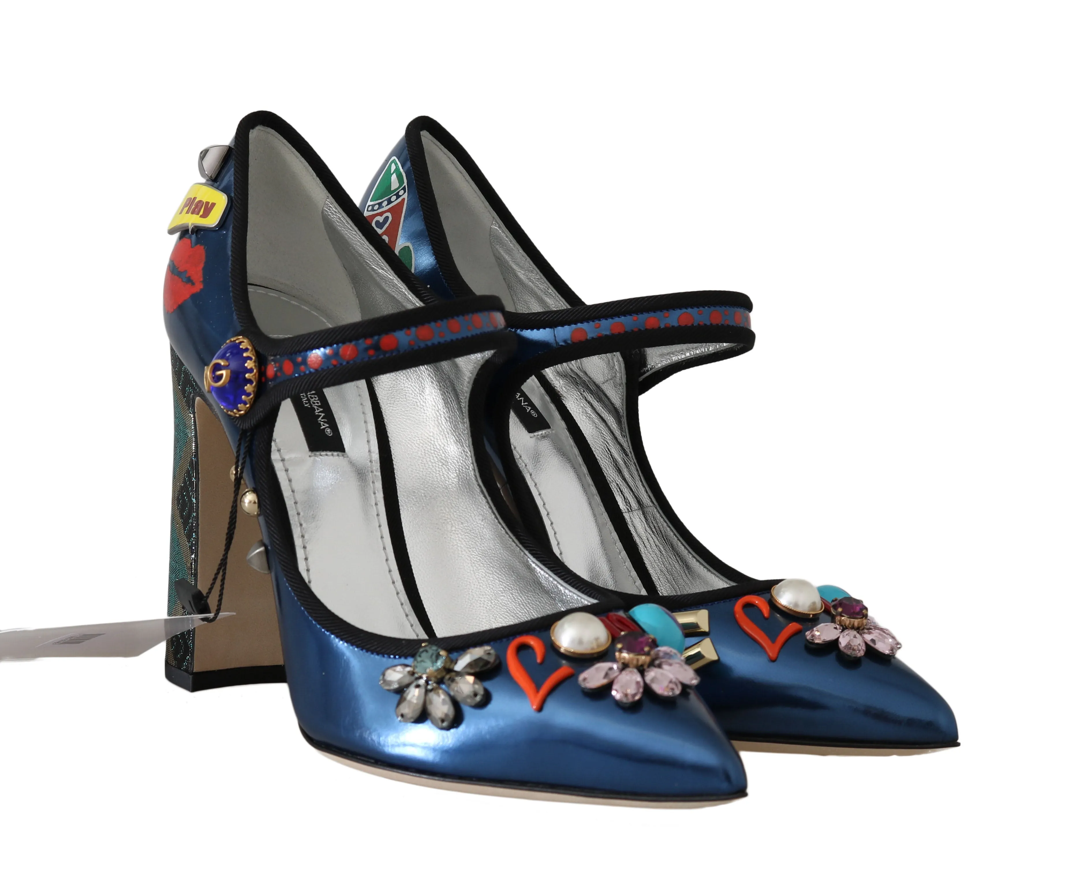 Blue Leather Crystal Mary Jane Pumps