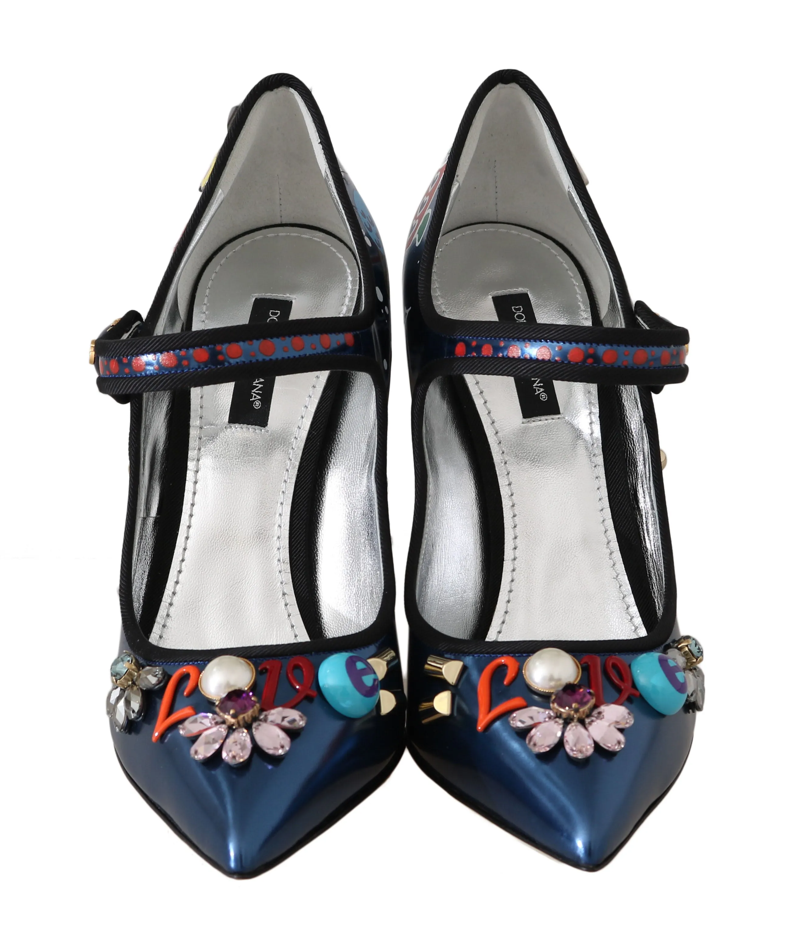 Blue Leather Crystal Mary Jane Pumps