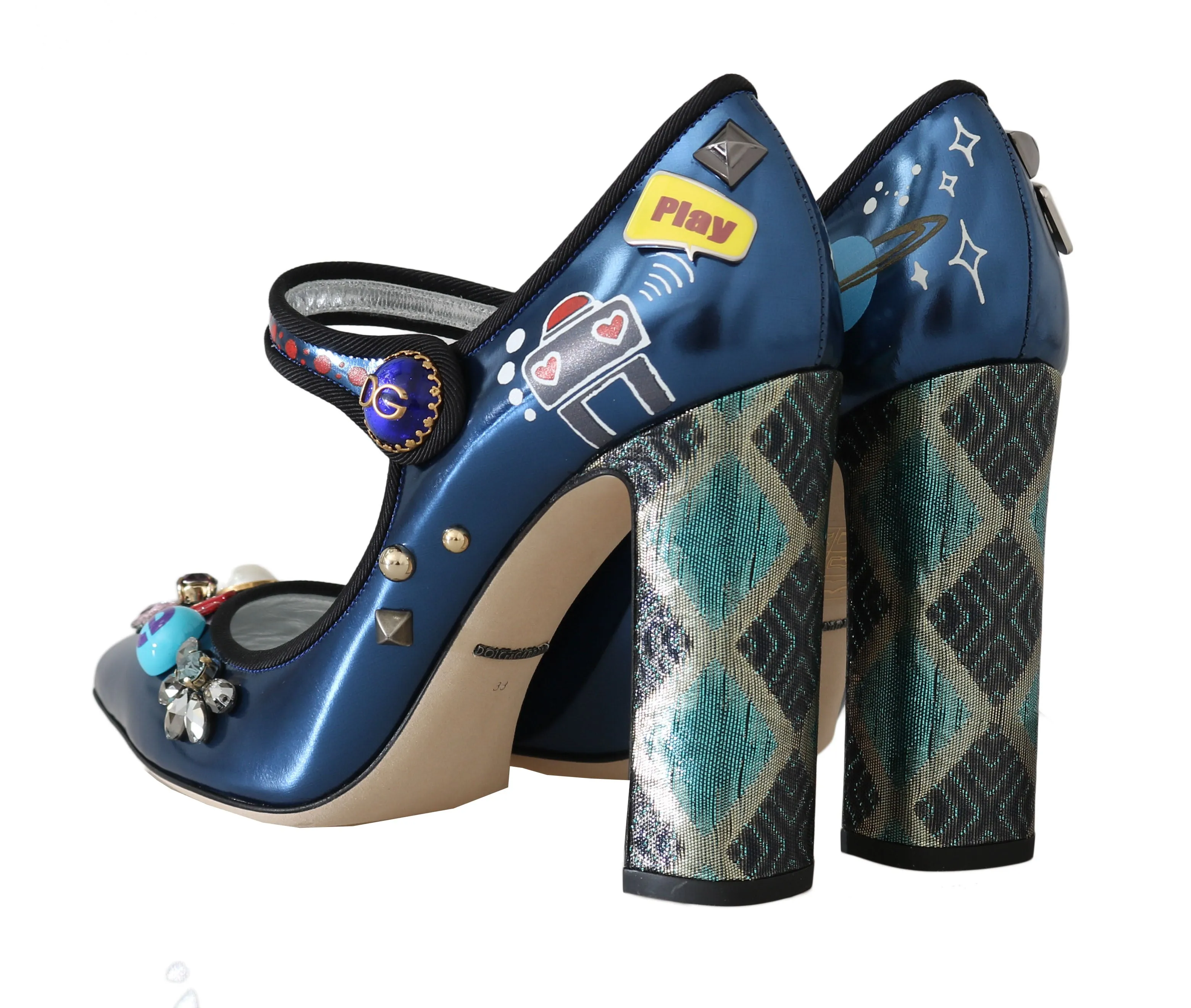 Blue Leather Crystal Mary Jane Pumps