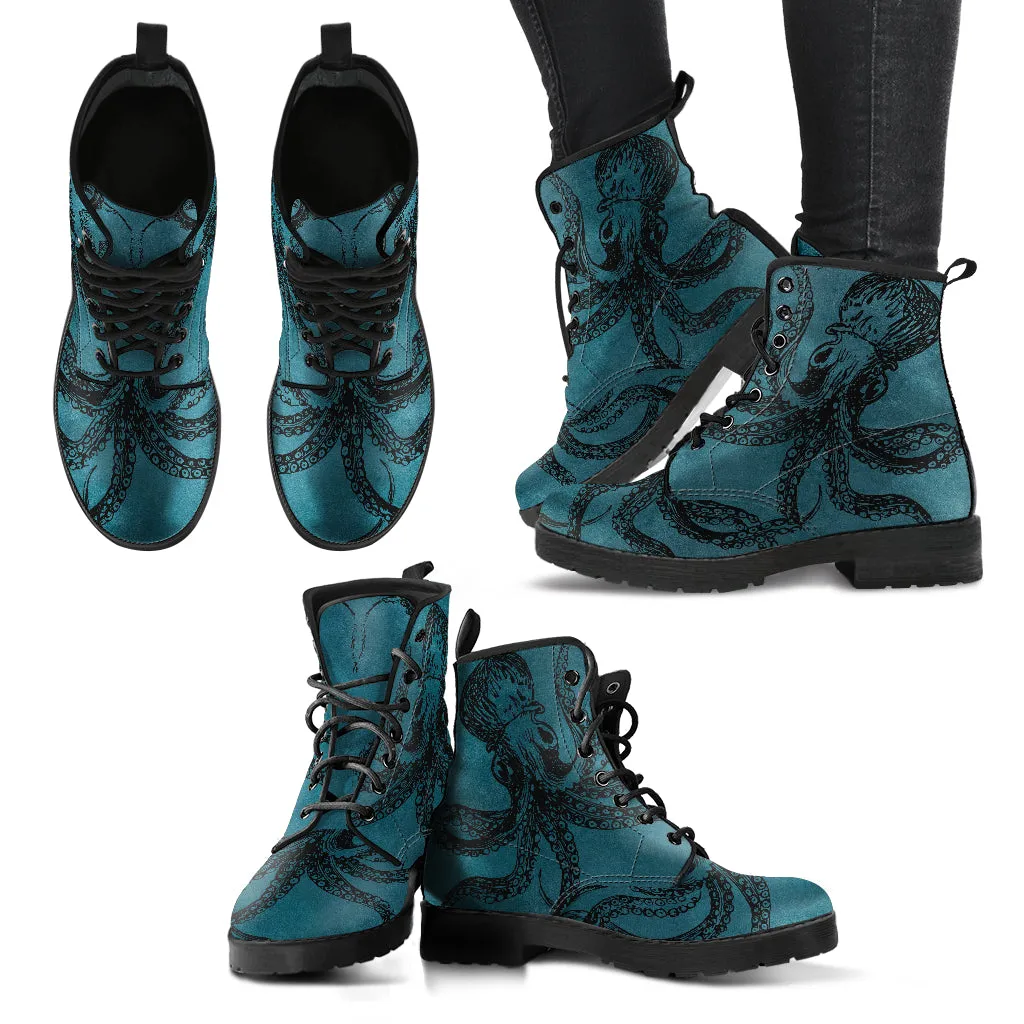 Blue Octopus Vegan Steampunk Boots