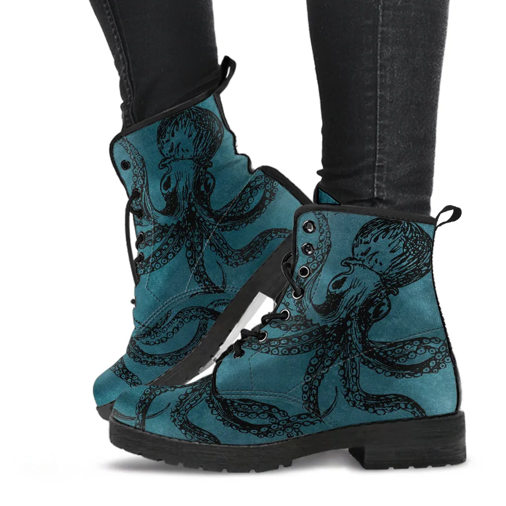 Blue Octopus Vegan Steampunk Boots