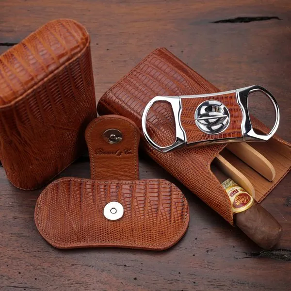 Brizard and Co. The "Show Band" 3 Cigar Case - Lizard Pattern Havana