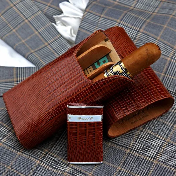 Brizard and Co. The "Show Band" 3 Cigar Case - Lizard Pattern Havana