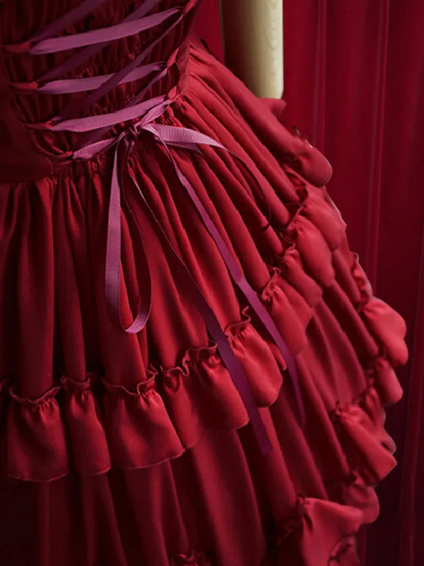 Burgundy Lolita Dress Ruffles Cotton Dress for Women