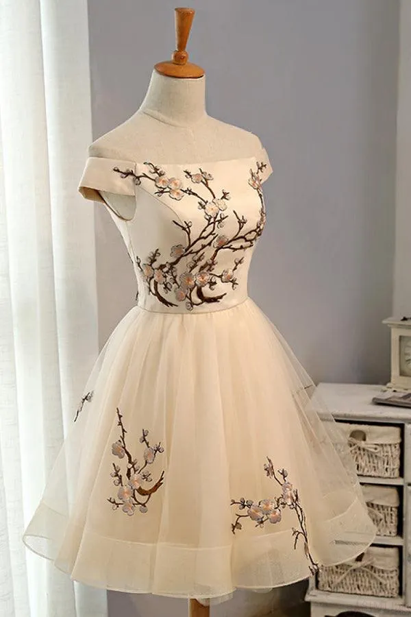 Champagne Embroidery Homecoming Dresses,Tulle Short Party Dresses HD0010