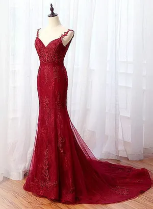 Charming Mermaid Lace Burgundy Prom Dress, Tulle Long Evening Dress