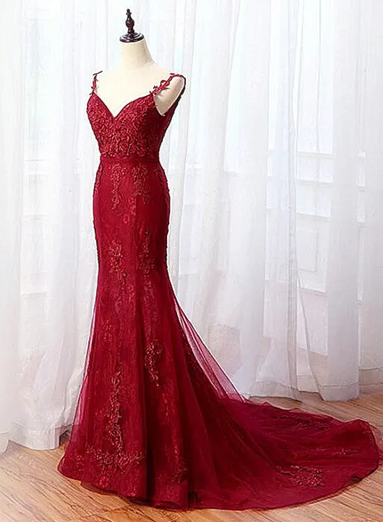 Charming Mermaid Lace Burgundy Prom Dress, Tulle Long Evening Dress