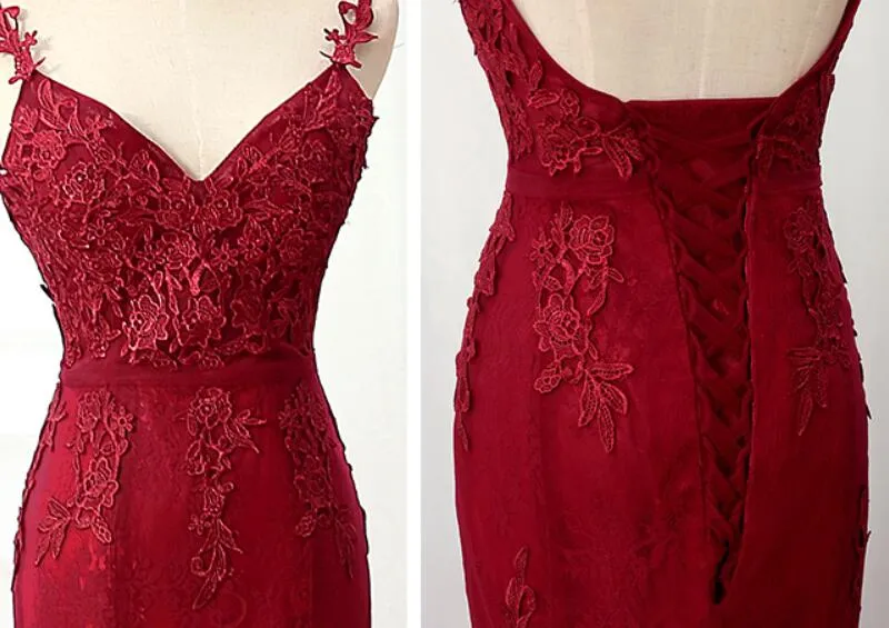 Charming Mermaid Lace Burgundy Prom Dress, Tulle Long Evening Dress