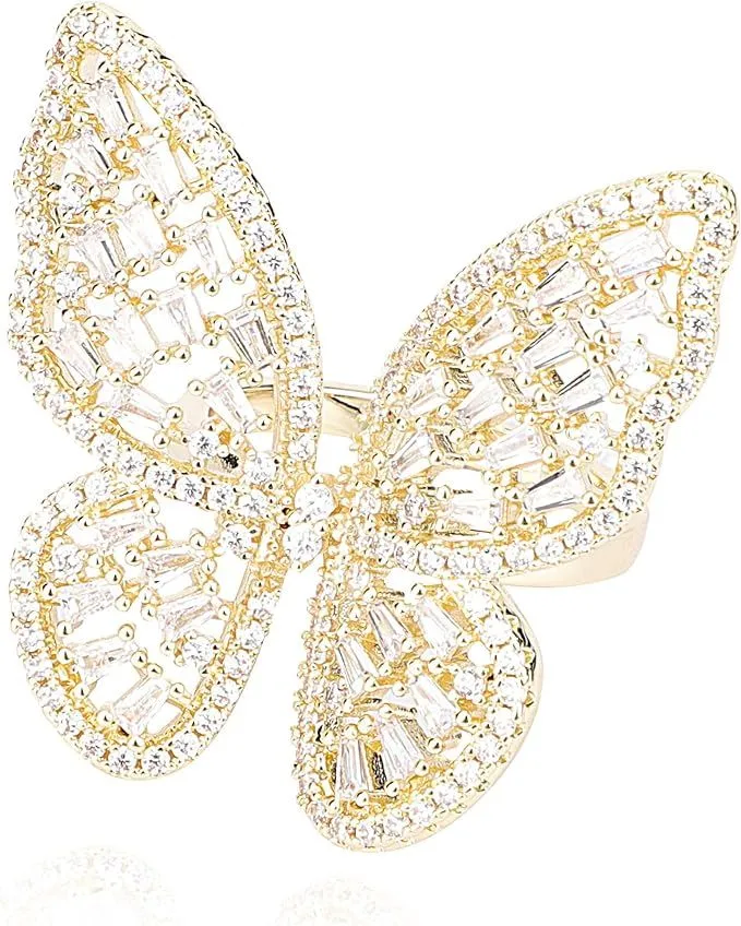 Cubic Zirconia Butterfly Ring 18K Gold Plated For Women Adjustable Size 5 – 9