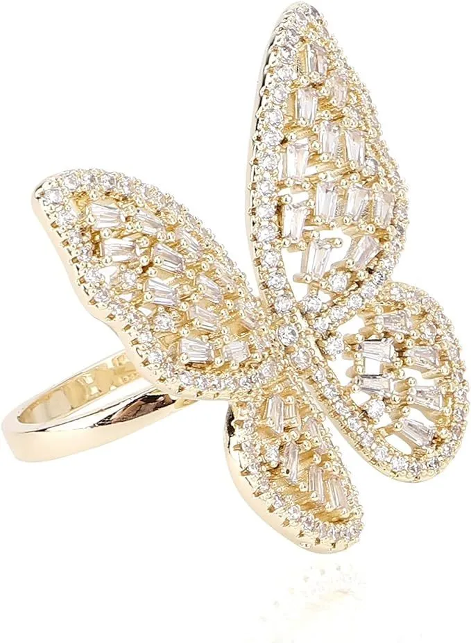 Cubic Zirconia Butterfly Ring 18K Gold Plated For Women Adjustable Size 5 – 9