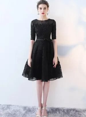Cute Black Lace Short Sleeves Party Dress, Black Lace Homecoming Dress
