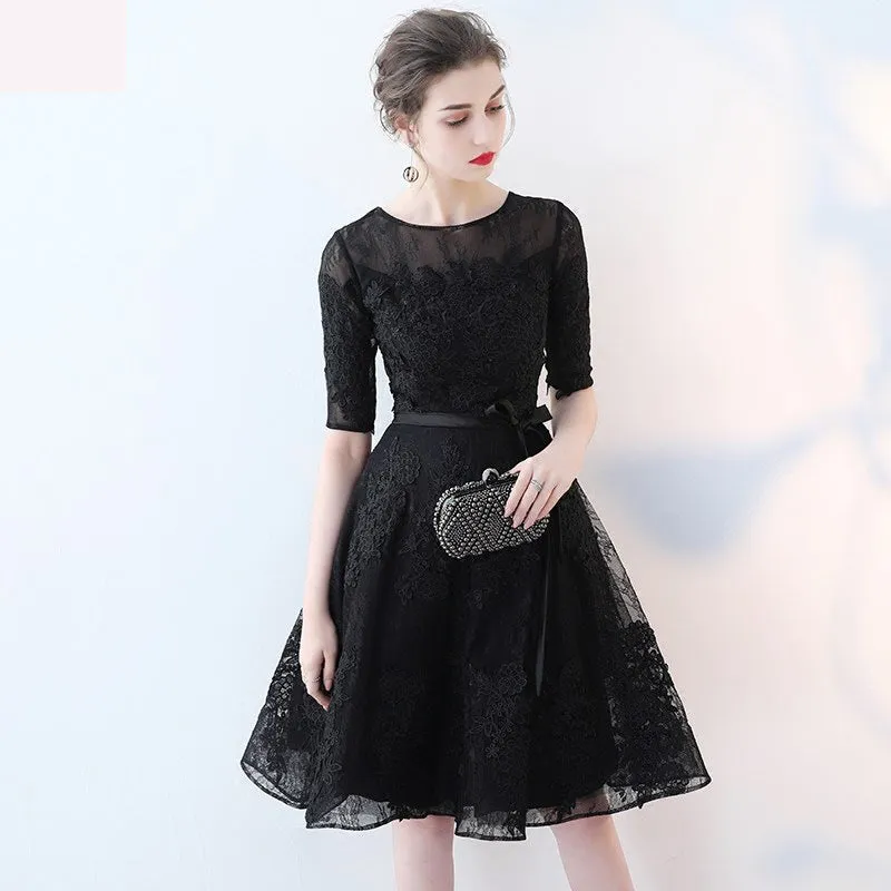 Cute Black Lace Short Sleeves Party Dress, Black Lace Homecoming Dress