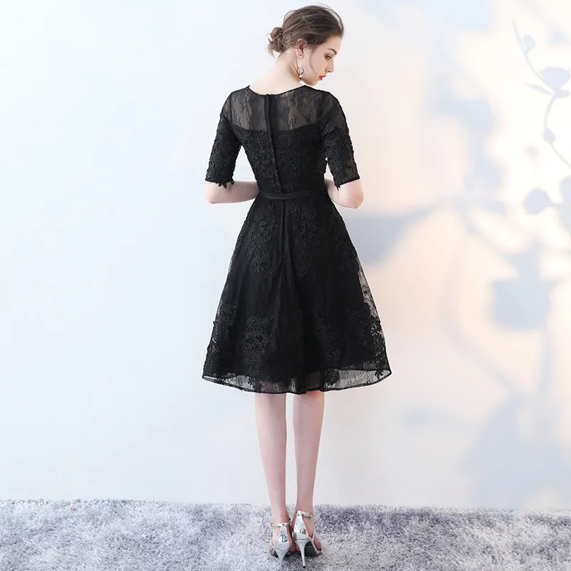 Cute Black Lace Short Sleeves Party Dress, Black Lace Homecoming Dress