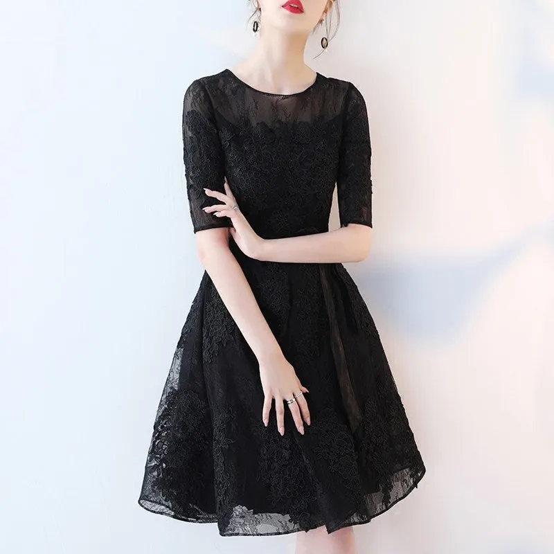 Cute Black Lace Short Sleeves Party Dress, Black Lace Homecoming Dress