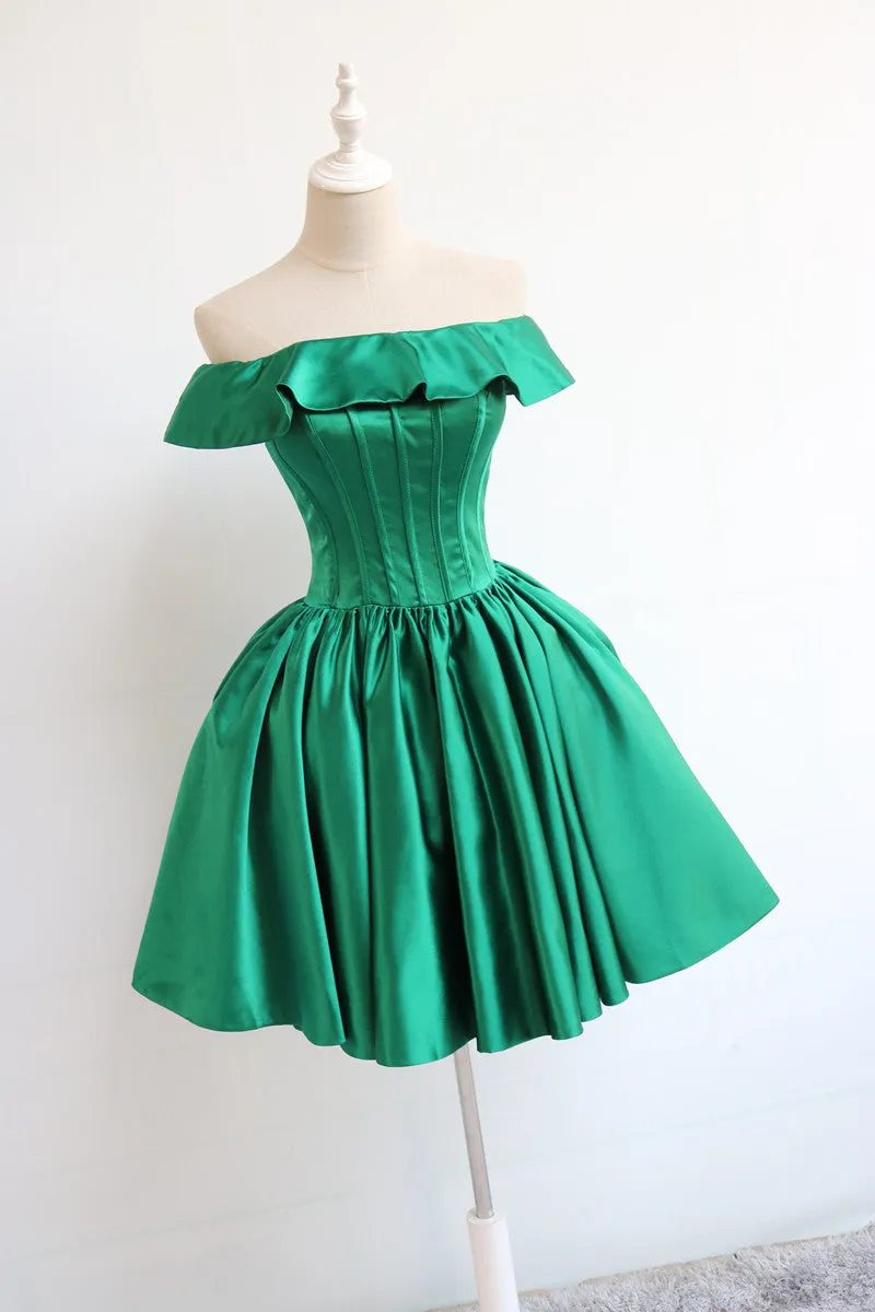 Dark Green Off Shoulder Satin Wedding Party Dress, Beautiful Homecoming Dress