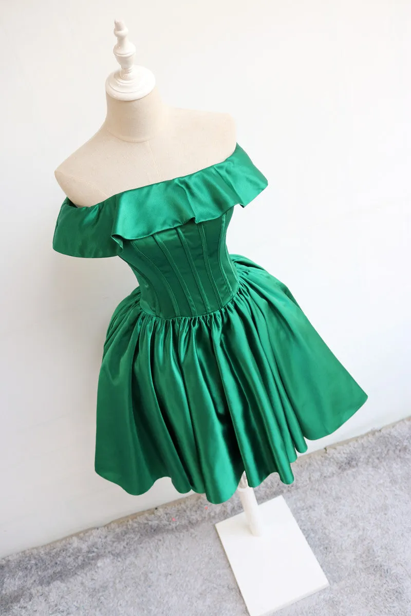 Dark Green Off Shoulder Satin Wedding Party Dress, Beautiful Homecoming Dress