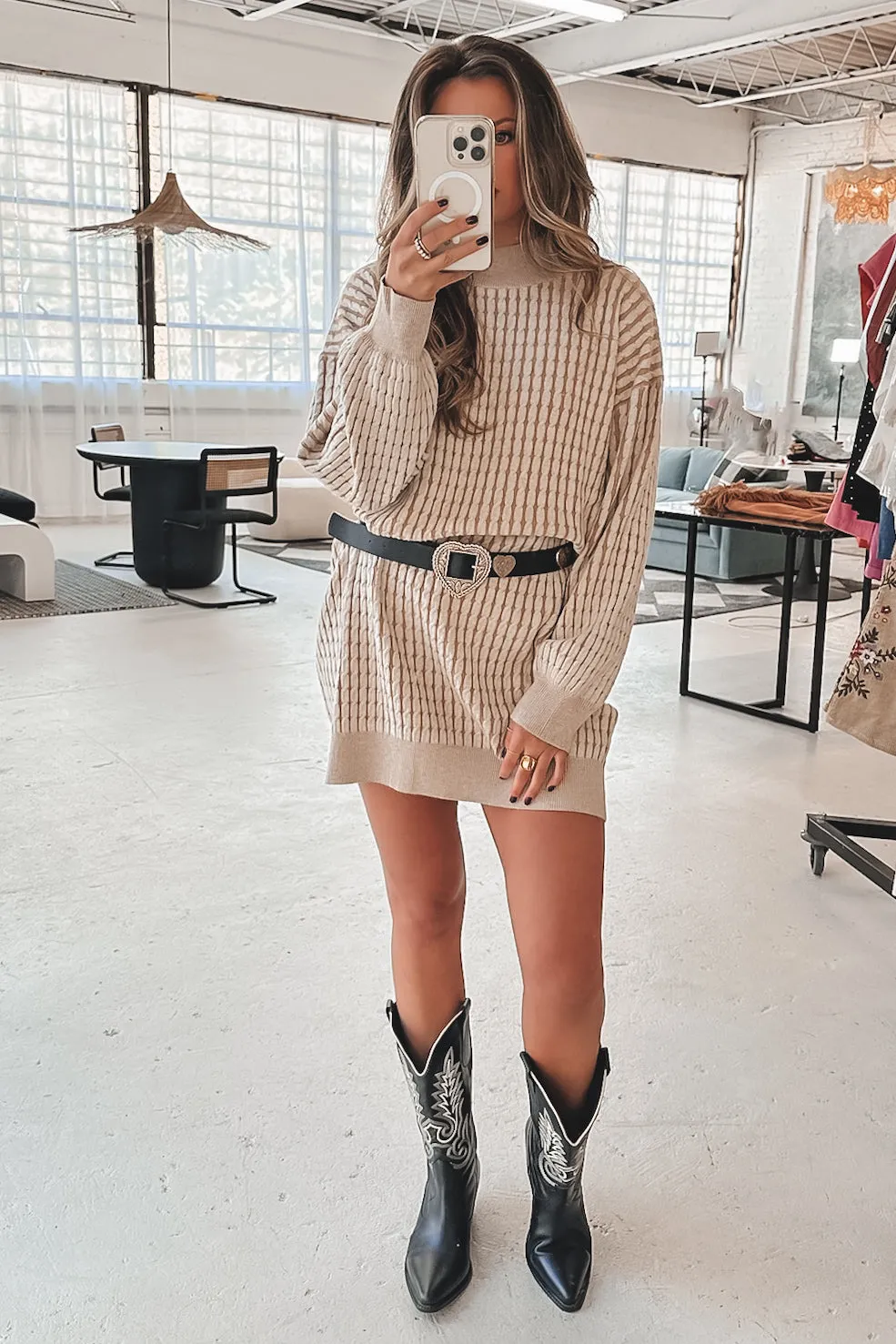 DEAL Can We Take A Minute Cream Cable Knit Sweater Mini Dress