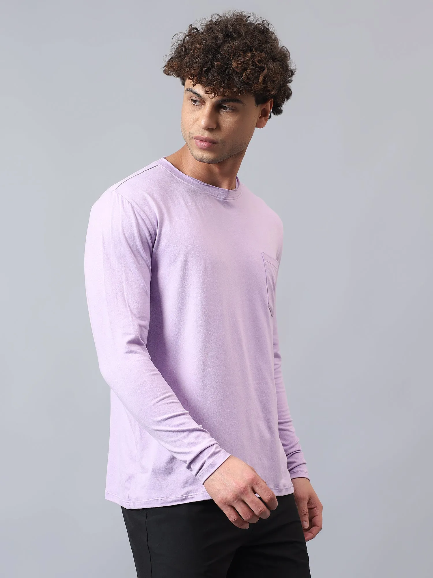Fitkin men's lavender raw edge neck style long sleeevs t-shirt