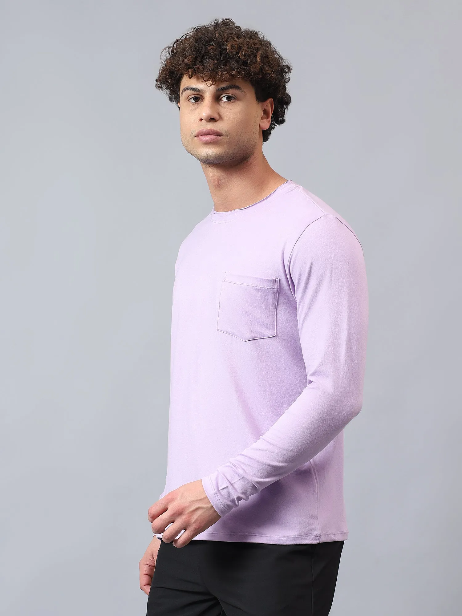 Fitkin men's lavender raw edge neck style long sleeevs t-shirt