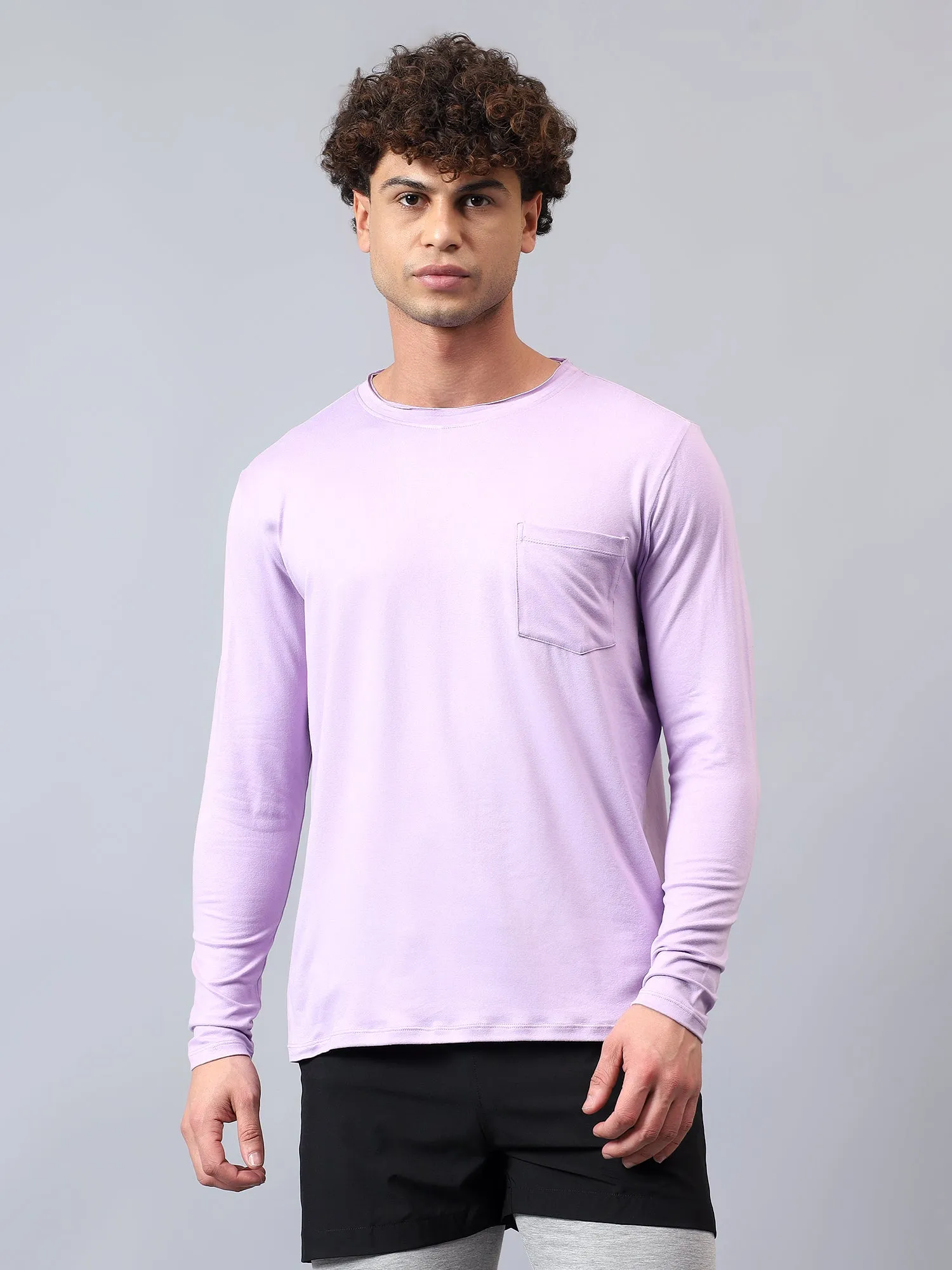 Fitkin men's lavender raw edge neck style long sleeevs t-shirt