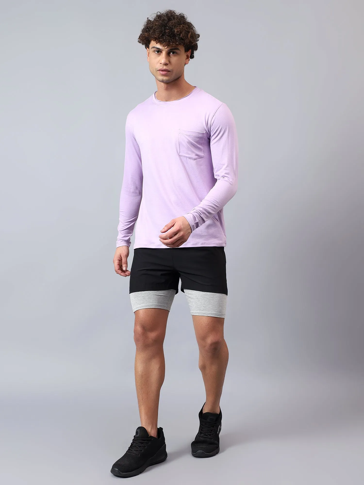 Fitkin men's lavender raw edge neck style long sleeevs t-shirt