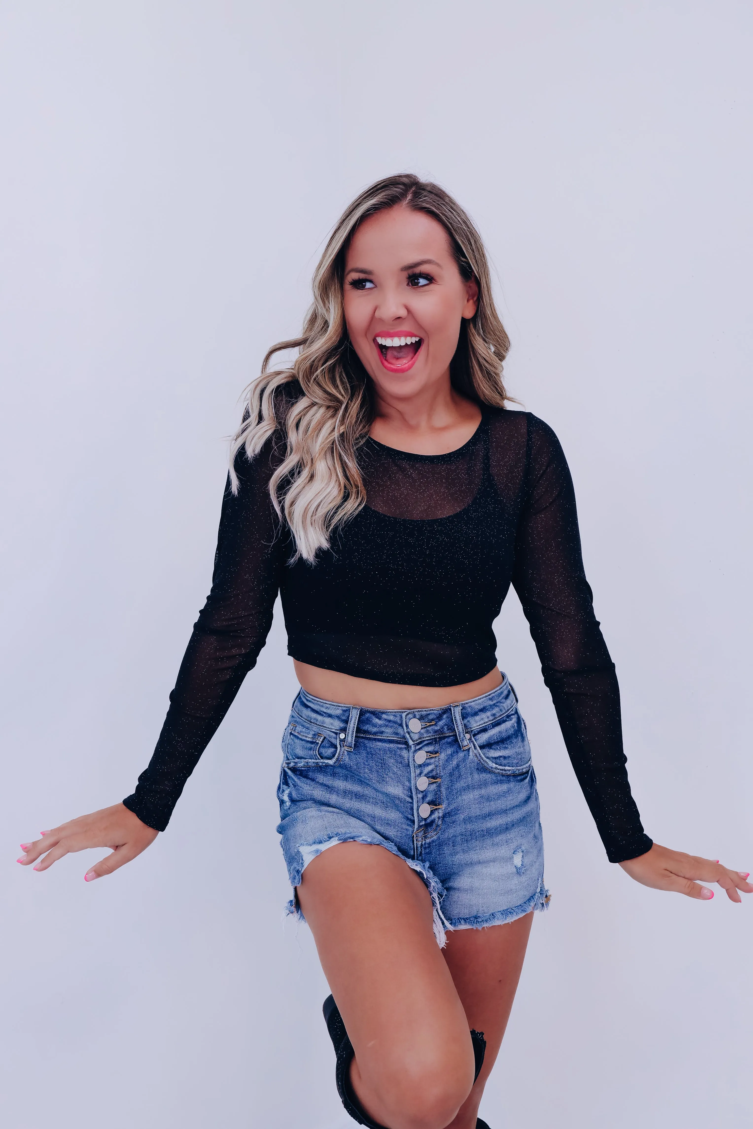 Glitter Mesh Crop Top - Black