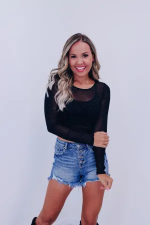 Glitter Mesh Crop Top - Black