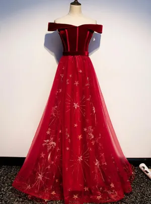 Gorgeous Red Tulle Off Shoulder Long Party Gown, Red Prom Dress