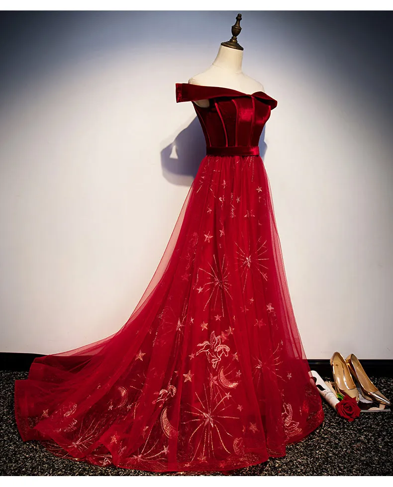 Gorgeous Red Tulle Off Shoulder Long Party Gown, Red Prom Dress