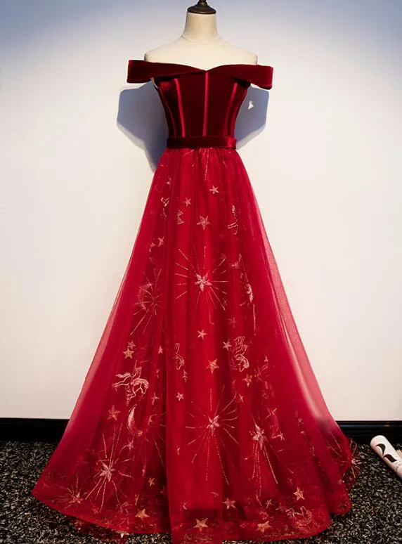 Gorgeous Red Tulle Off Shoulder Long Party Gown, Red Prom Dress