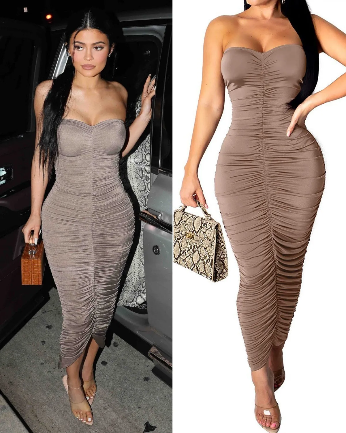 Grey Kylie Jenner Sheath Ruched Dress Off the Shoulder Prom Celebrity Dress Giorgio Baldi in Santa Monica