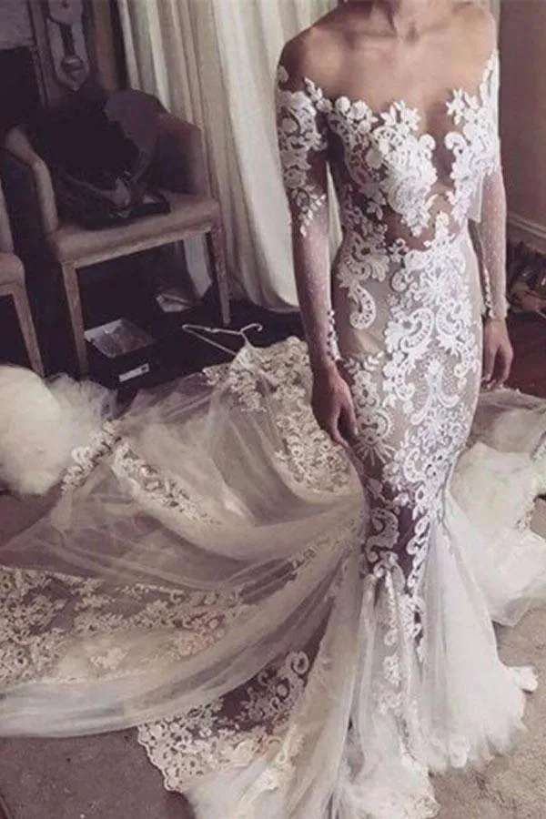 Illusion Neckline Lace Appliques Mermaid Long Sleeves Wedding Dress WD139